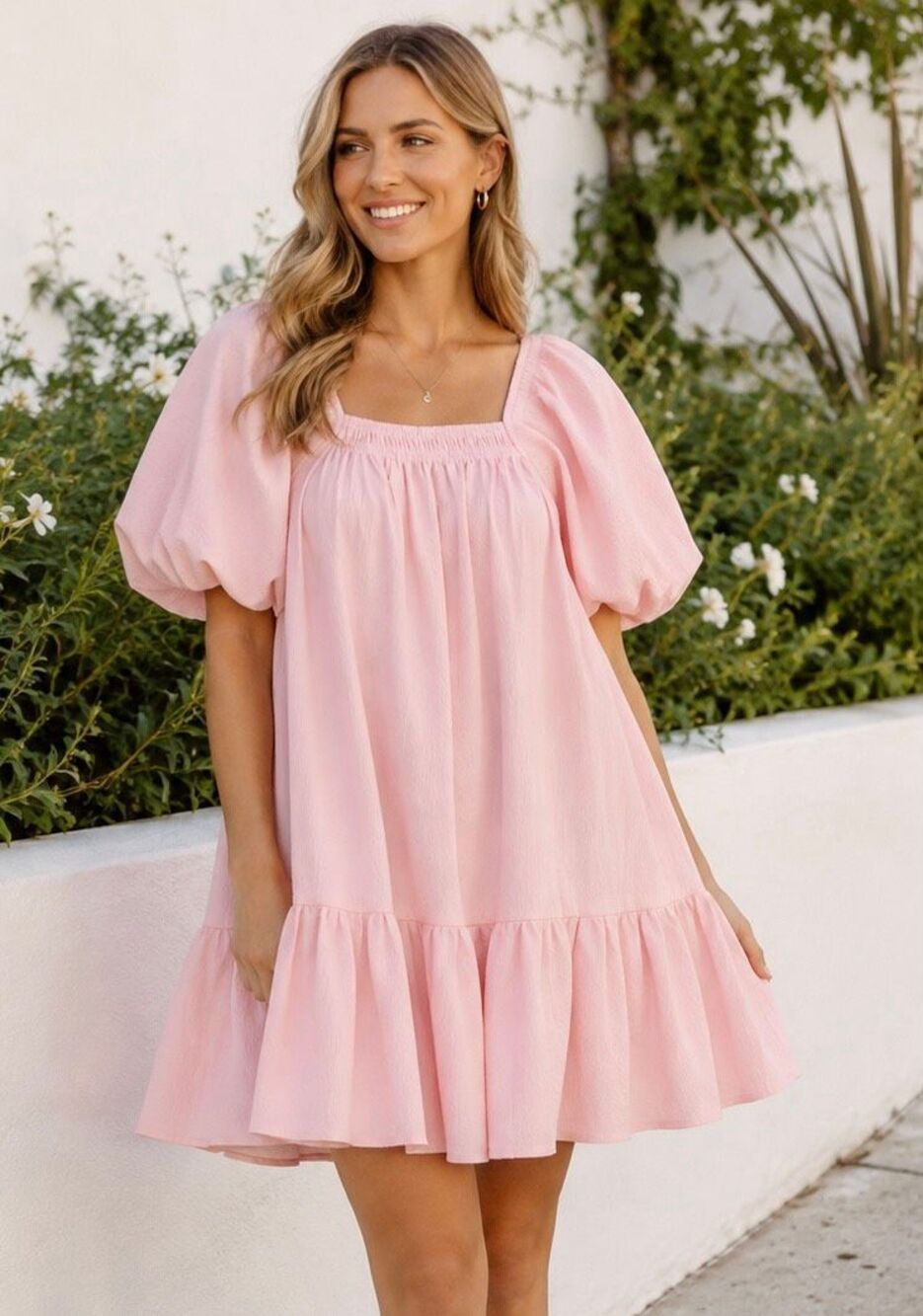 NWT Entro Blush Pink Puff Sleeve Babydoll Ruffle Mini Dress Medium